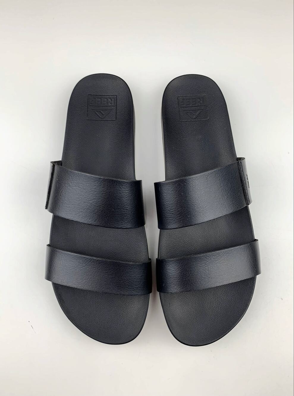 Reef Cushion Vista Slides Black Faux Leather Slip On Sandals Women's 10